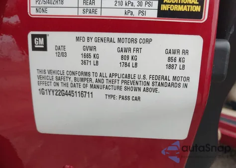 2004 Chevrolet Corvette z USA, uszkodzony, nr VIN 1G1YY22G445116711